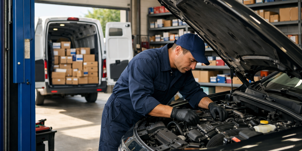 Technician in dark blue uniform working under a hood while a parts delivery van is parked outside the service bay.