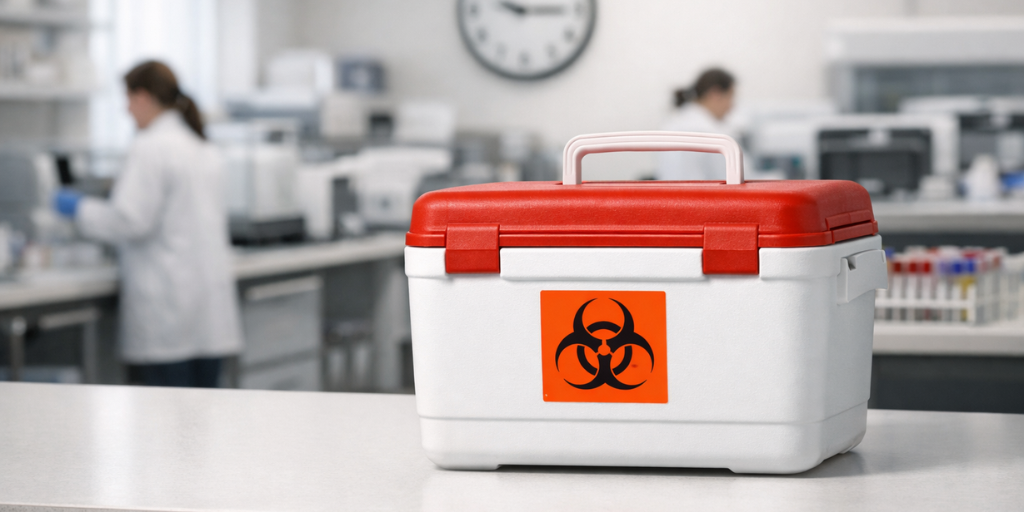 cooler with biohazard label on it sitting on counter in laboratory setting