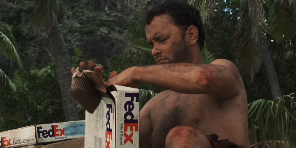Cast Away, Tom Hanks unboxing FedEx packages
